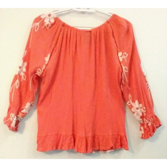 Liv Los Angeles Women Boho Peasant Ruffle Top Embroidered Coral Orange - Med - Picture 6 of 10